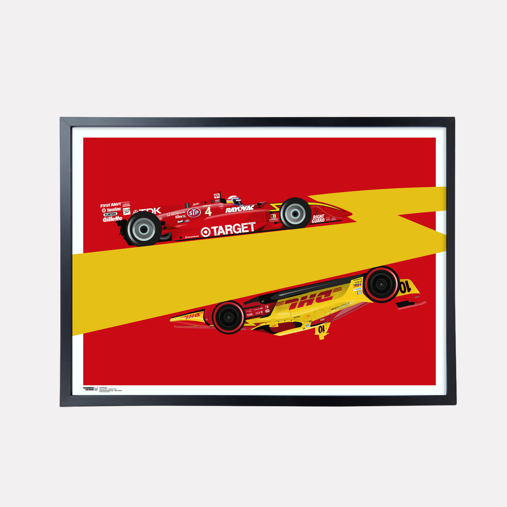 Graphic Illustrated poster of Alex Palou and Alessandor Zanardi featuring their Indycar racecars