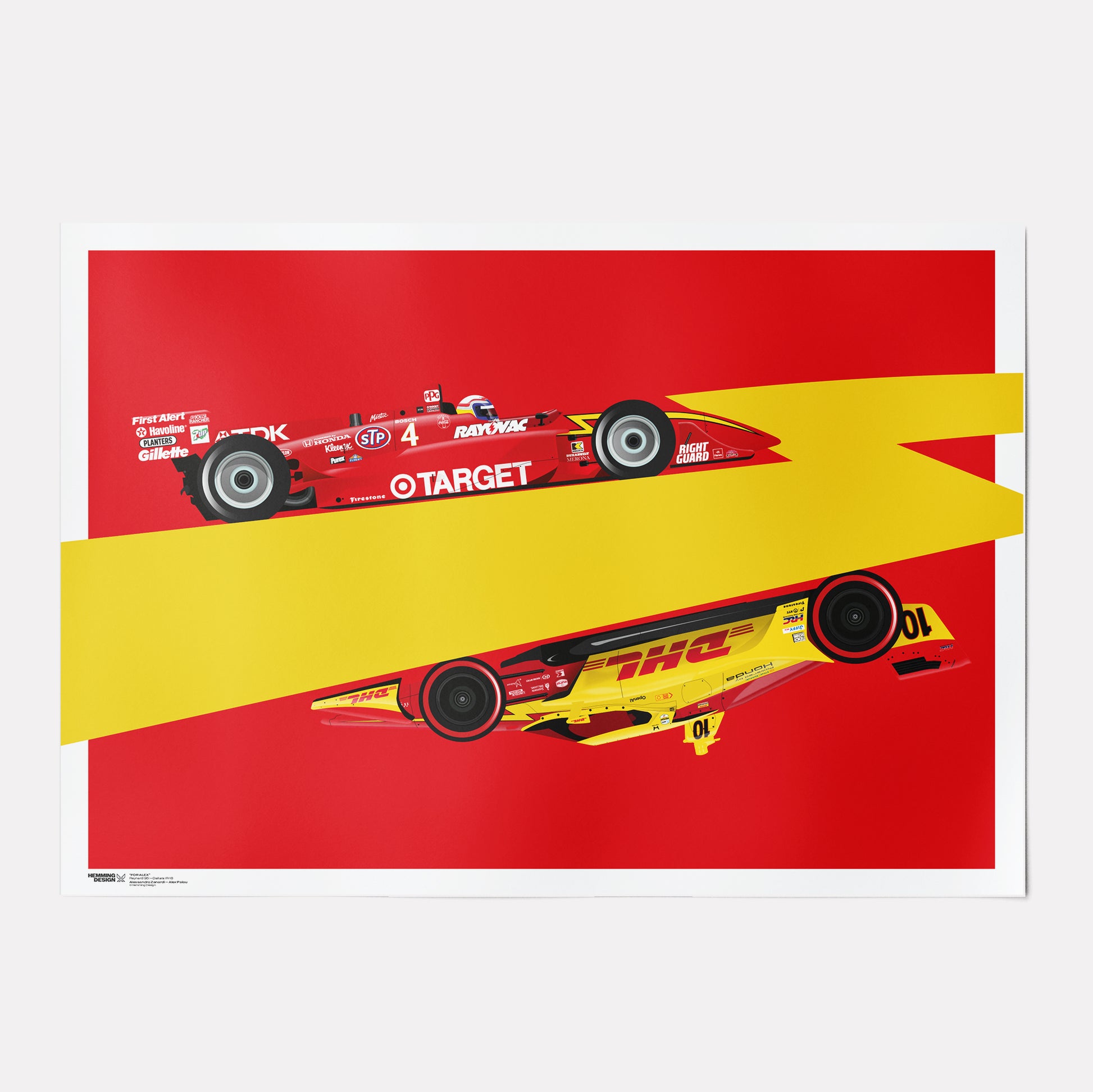 Graphic Illustrated poster of Alex Palou and Alessandor Zanardi featuring their Indycar racecars