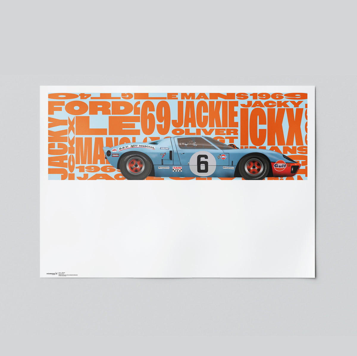Illustrated Ford GT40 driven by Jacky Ickx and Jacky Oliver at the 1969 Le Mans 24 hours