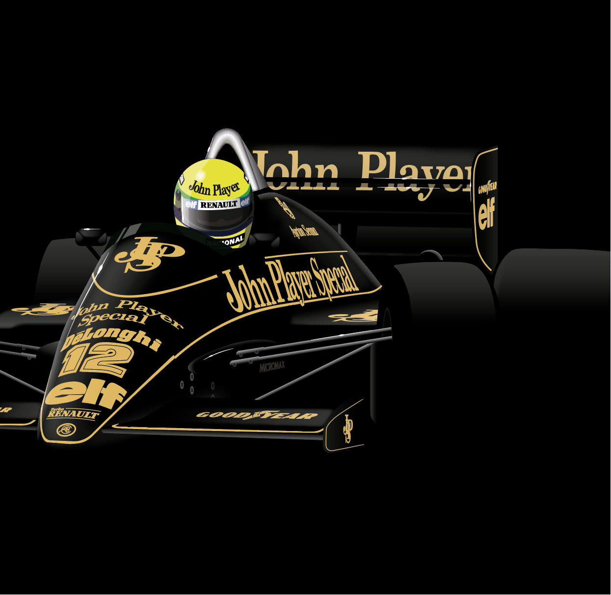 A black and gold Formula 1 race car shown from a front three-quarter angle on a solid black background. The car features prominent 'John Player' and 'Renault' branding in gold lettering, with a yellow and black helmet visible in the cockpit.